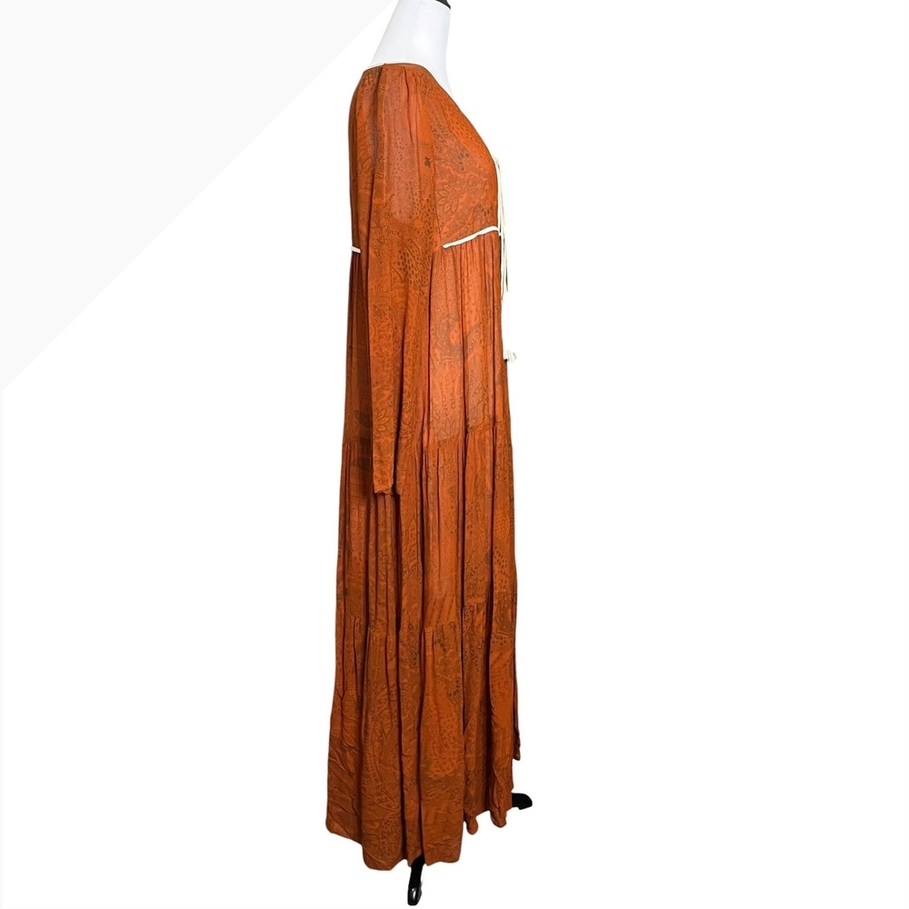 Christy Dawn Paloma Dress Womens L Rust Paisley Tiered Tassel Empire Midi Lined - Picture 4 of 9